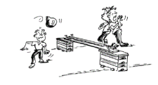 Vignetta: due bambini si lanciano un palloncino al di là e al di qua di una panchina le cui estremità poggiano su tre elementi di cassone