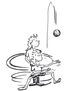 Fumetto: un giocatore gira attorno ad un altro a tutta velocità cercando di prendere una palla lanciata in alto.