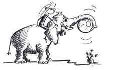Dessin: un enfant est sur le dos d'un éléphant qui tient un ballon avec sa trompe; une souris est face à eux.