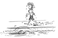 Dessin: un enfant marche au bord du bassin, un autre nage le crawl.