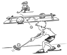 Fumetto: due bambini tirano le palline attraverso le aperture di una panchina capovolta.
