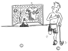 Fumetto: un allievo tira delle palline contro una porta alle cui sbarre sono appesi degli oggetti