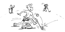 Fumetto: un bambino salta sopra una maschera da portiere di unihockey, mentre due compagni lo osservano da lontano
