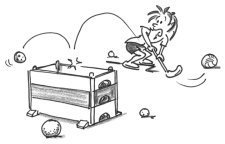Fumetto: un bambini cerca di tirare delle palline in un cassone
