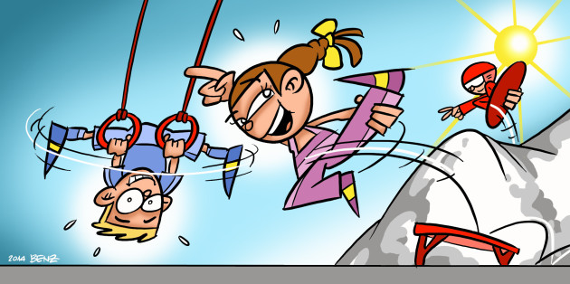 Dessin: un garçon et une fille effectuent une figure aux anneaux, respectivement sur le mini-trampoline.