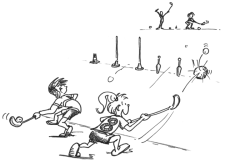 Fumetto: due bambini cercano di colpire con la pallina degli oggetti disposti al centro della palestra.
