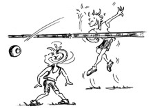 Dessin: deux enfants se passent un ballon par-dessus une corde.