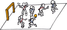 Dessin: deux équipes jouent au handball.