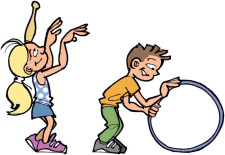 Dessin: une fille tient une quille en équilibre sur son front et un garçon maintient un cerceau à la verticale avec ses deux mains.