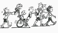 Comic: Eine Schülergruppe mit Kindern mit und ohne Behinderung bei einem Marsch in Reihe.