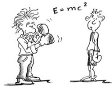 Comic: Einstein mit Boxhandschuhen, während Sparringpartner verblüfft drein schaut.