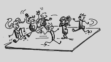Comic: Eine Gruppe Jugendlicher rennt in einer Halle umher.
