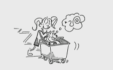 Fumetto: una ragazzina spinge un compagno seduto in un carrello del materiale
