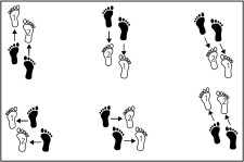 Grafik: Die verschiedenen Bewegungsrichtungen durch Füsse symbolisiert.