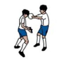 Dessin: un joueur frappe de la tête un ballon tenu par un camarade.