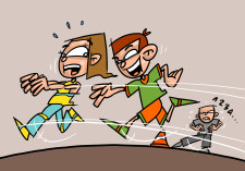 Comic: Zwei Kinder spielen Fangen, ein anderes führt eine Übung durch.
