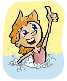 Dessin: Une jeune fille dans l'eau pointe le pouce vers le haut.