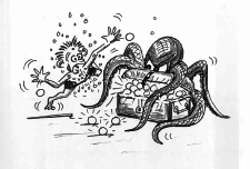Comic: ein Kind nähert sich tauchend einer Schatztruhe, die von einem Tintenfisch bewacht wird. 