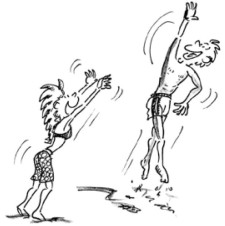 Comic: Zwei Kinder ahmen Beachvolley-Bewegungen ohne Ball nach.
