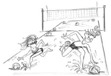 Comic: Kinder rennen auf einer Spielfeldhälfte und heben Bälle vom Boden auf.