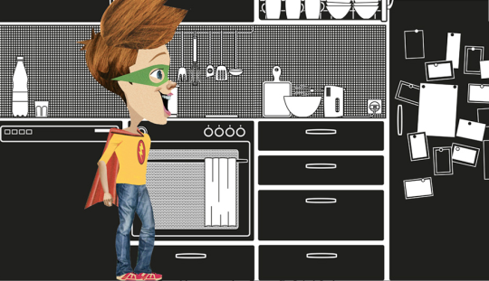 Disegno: un ragazzo con una cappa da supereroe passeggia in una cucina