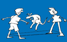 Disegno: un canguro salta sopra un elastico tenuto alle due estremità da due bambini