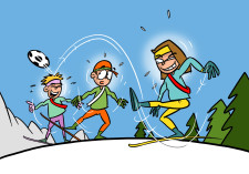 Dessin: deux équipes jouent au football avec un seul ski au pied.
