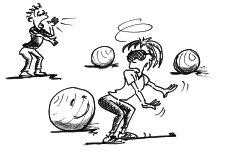 Comic: Eine Frau mit Augenbinde versucht sich einen Weg durch Gymnastikbälle zu suchen, ein Mann ruft ihr Instruktionen zu.