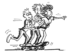 Comic: Mehrere Personen fahren auf ein und demselben Skateboard.
