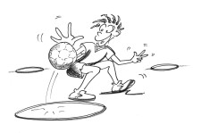 Comic: Jugendlicher prellt einen Ball in einem Reifen. 
