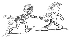 Disegno: un bambino travestito da ladro cerca di rubare la palla a un compagno