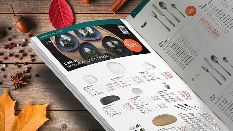 Seite aus der Banholzer Herbst/Winter-Broschüre 2025 mit Gläsern, Porzellan und Küchengeräten für die Gastro