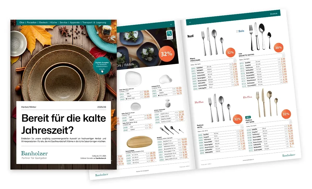 Seite aus der Banholzer Herbst/Winter-Broschüre 2025 mit Gläsern, Porzellan und Küchengeräten für die Gastro