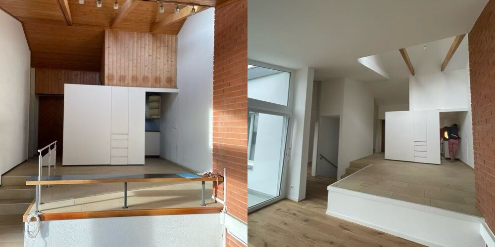 Vorher-Nachher Bild einer Wohnung, renoviert durch Krema GmbH's Trockenbauarbeiten.