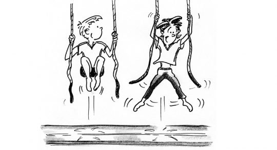 Dessin: deux enfants sautent sur un AiTrack en se tenant à des cordes.