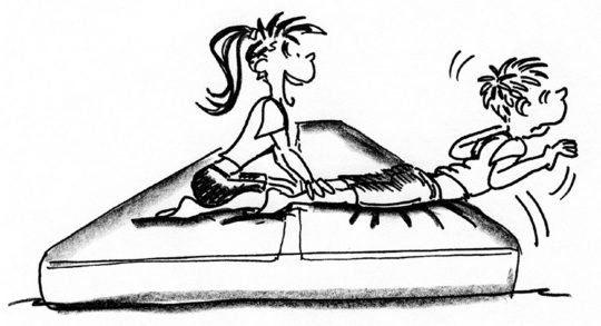 Dessin: un enfant effectue des flexions du tronc couché sur un AirTrack.