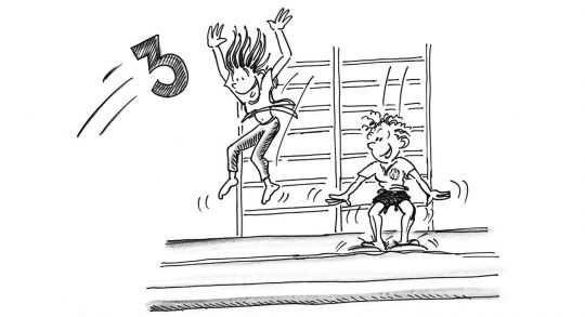 Dessin: deux enfants sautent sur un AirTrack depuis les espaliers.