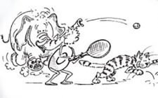 Comic: Ein Kind spielt mit Katze und Elefant eine Verfolgungsjagd mit Tennisschläger.