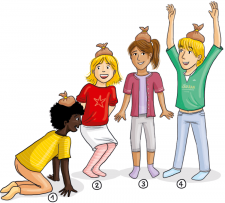 Zeichnung: Vier Kinder in je unterschiedlicher Körperhaltung.