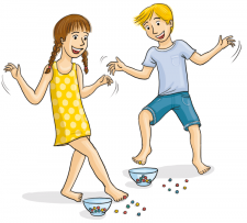 Disegno: due bambini cercano di afferrare con le dita dei piedi delle perle e di metterle in una ciotola