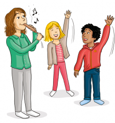 Dessin: l'enseignante joue de la flûte et deux élèves lèvent un bras.