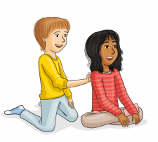 Zeichnung: Zwei Kinder sitzen hintereinander. 