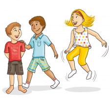 Zeichnung: Drei Kinder, eins steht, eines geht, das andere hüpft.