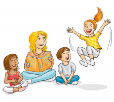 Disegno: un allievo salta, un'insegnante e altri due bambini sono seduti a gambe incrociate 