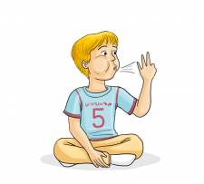 Zeichnung: Ein Kind im Schneidersitz bläst sich durch die Finger.