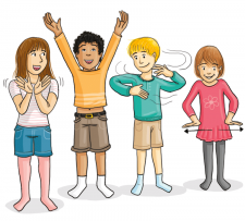 Disegno: quattro bambini effettuano dei movimenti delle braccia e delle mani