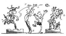 Dessin: deux joueurs essaient d'intercepter un ballon lancé par des jokers.