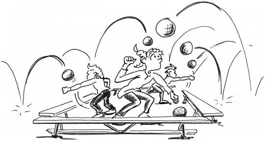 Disegno: dei giocatori dietro a delle panchine rinviano delle palle.