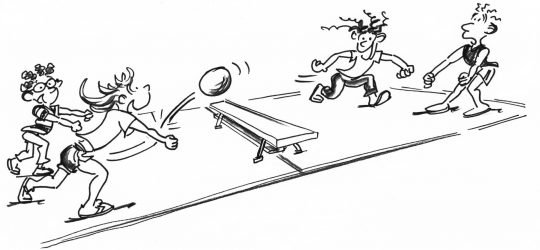 Dessin: deux équipes renvoient une balle par-dessus un banc.