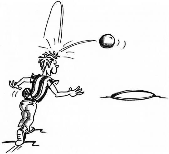 Dessin: un joueur frappe une balle de la tête en direction d'un cerceau